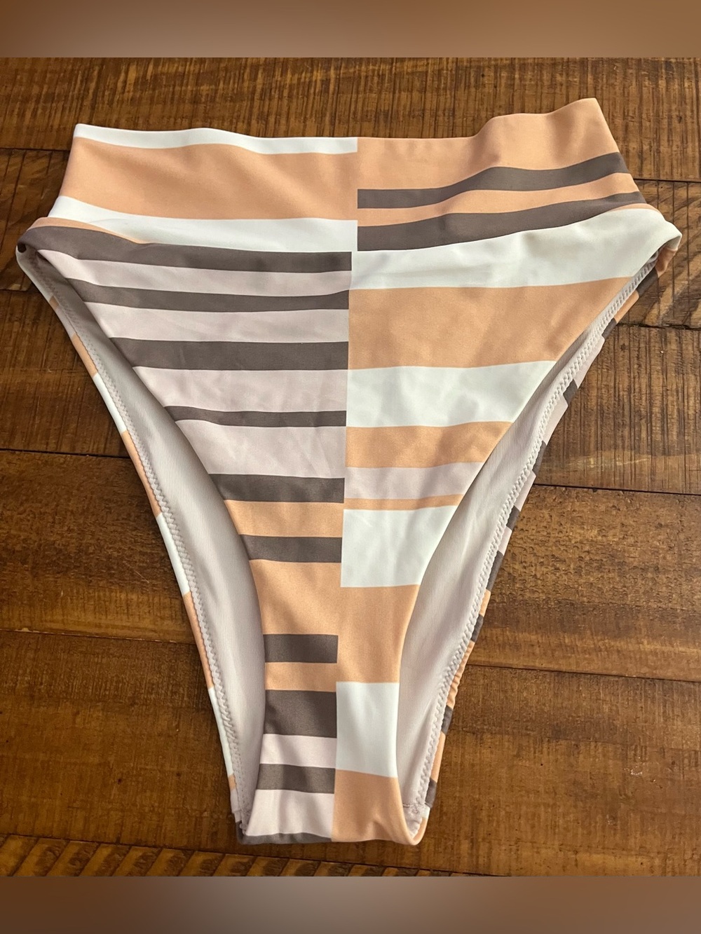 NWT Aerie High Waist High Cut Cheeky Colorblock Bikini Bottoms White Tan - Sz S